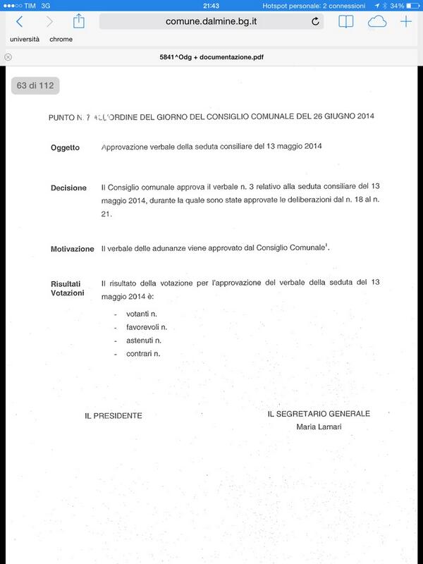Passiamo al punto 7 : approvazione del CC del 13 maggio (da pagina 63 http://t.co/nJvZ5VMKSB) #opendalmine http://t.co/xABYZHmIGp